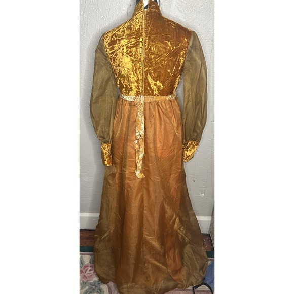 Vintage Homemade Crushed Gold Velvet Hostess Dress 50s 60s Sheer organza? Maxi - Picture 2 of 9